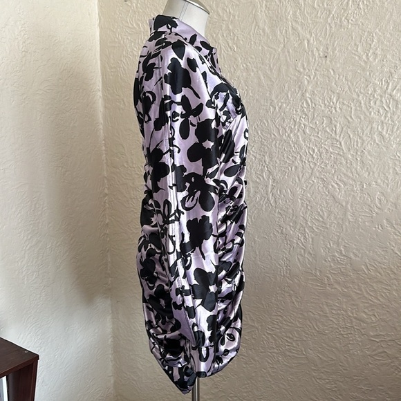 Zara The Dita Satin Ruched Long Sleeve Shirt Dress Lavender Black Floral XXL NWT - Picture 9 of 13